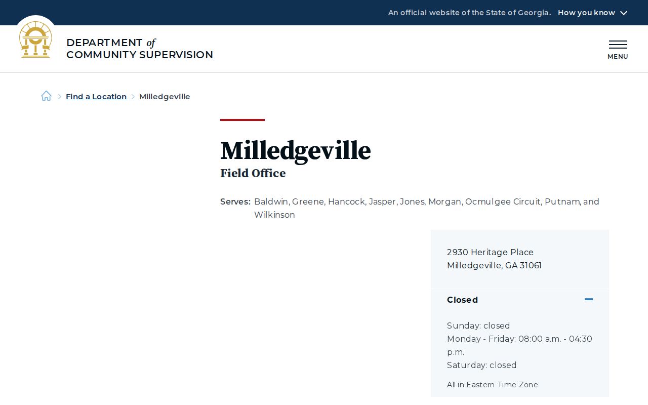 Georgia DCS Milledgeville Field Office page serving Wilkinson County