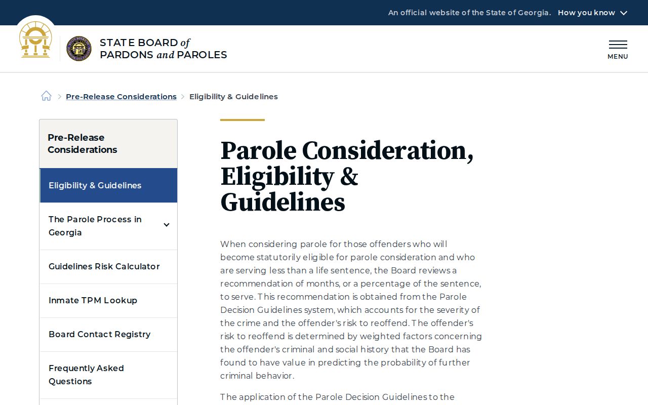 Georgia parole eligibility guidelines used for Wilkinson County state release dates