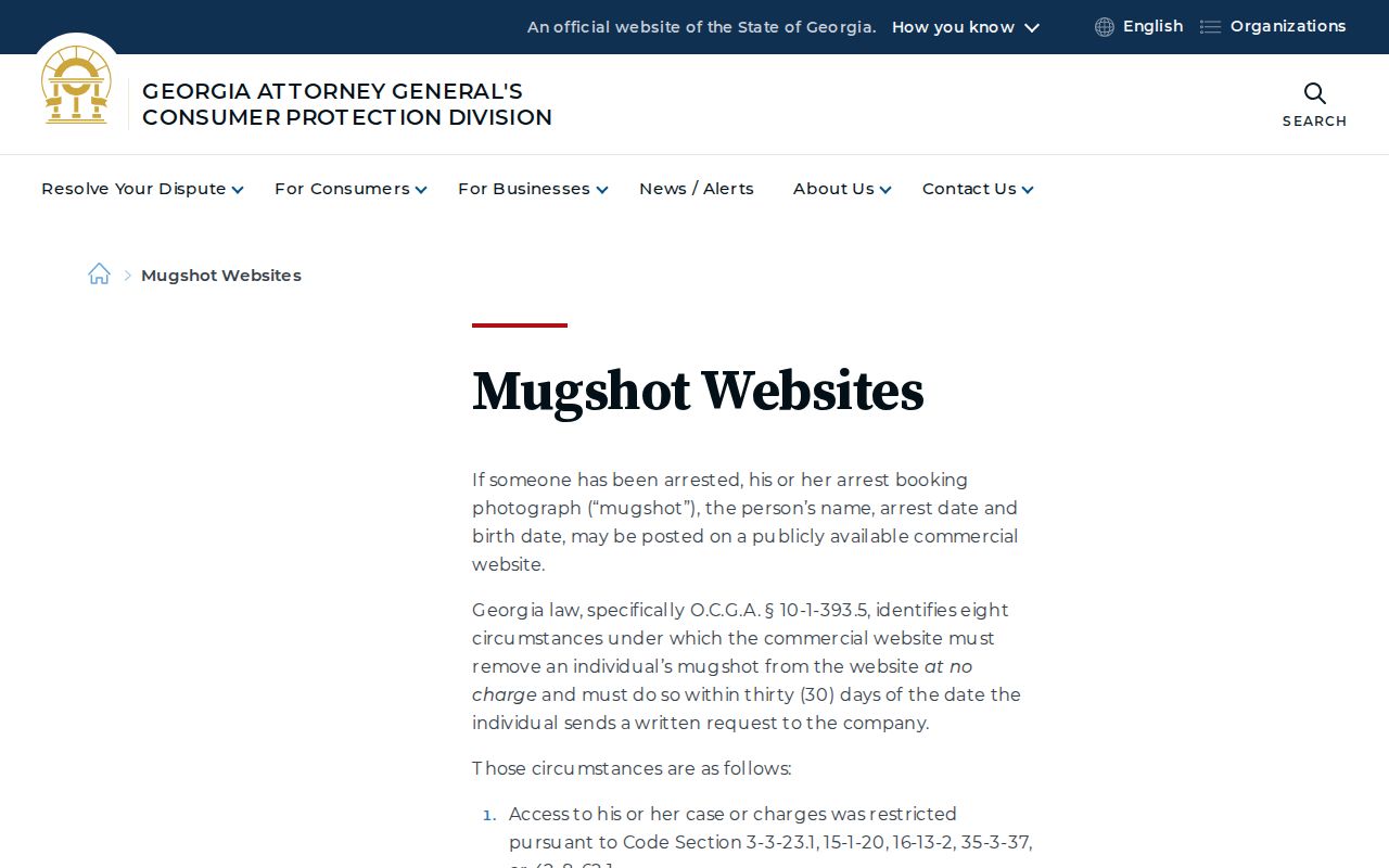 Georgia Attorney General guidance on removal of commercial mugshot images