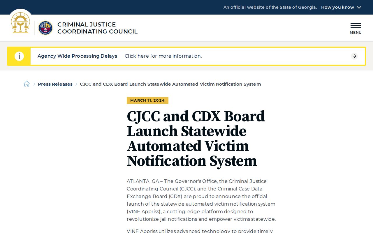 Georgia statewide automated victim notification announcement